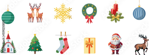 Christmas-themed decoration elements, depicting a variety of festive items, symbols, and accessories