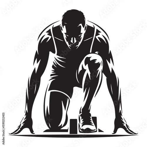 Dynamic black silhouette of a track and field athlete in starting blocks ready to sprint forward with intense focus and determination