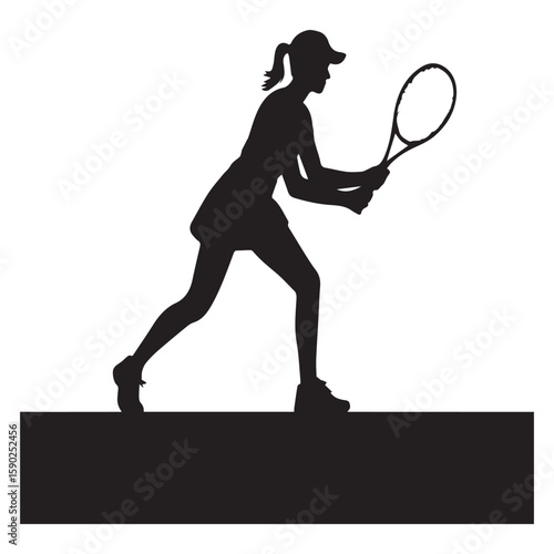 Silhouette of a female tennis player in action preparing to hit a forehand shot with a tennis racket and wearing a cap and skirt on a white background with a black base