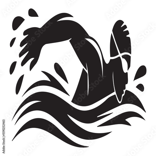 Dynamic black silhouette of a swimmer in action powerfully propelling through stylized water with splashes and ripples representing speed and aquatic sport
