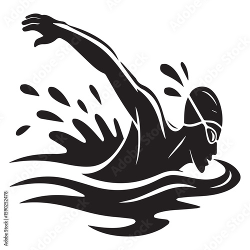 Dynamic black silhouette of a swimmer in goggles and cap powerfully propelling through stylized water with splashes and ripples conveying speed and athleticism