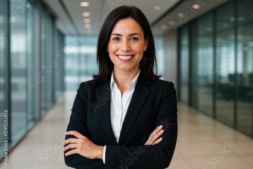 Confident female entrepreneur smiling warmly in modern business office setting Free Download Confident female entrepreneur smiling warmly in modern business office setting - GFXLoad