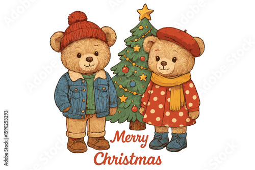 Two cute bears celebrating Christmas in colorful outfits near a decorated tree in a festive setting