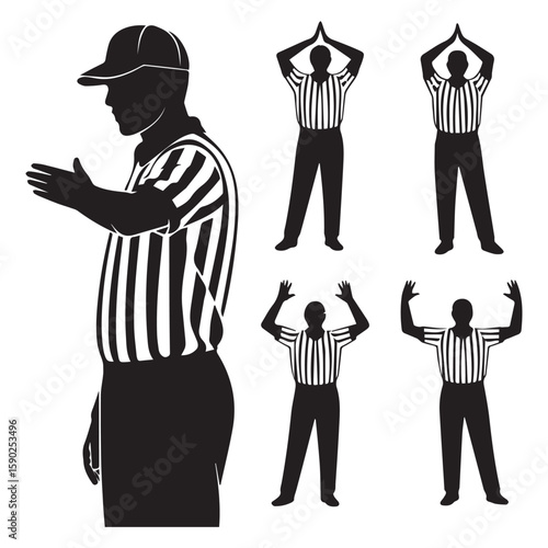Black and white silhouette illustration of a referee in a striped shirt and cap making various hand signals isolated on a white background representing sports officiating and rules enforcement