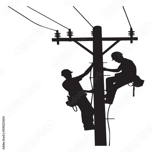 Two silhouette linemen wearing hard hats and safety harnesses working on a utility pole with power lines and insulators against a white background