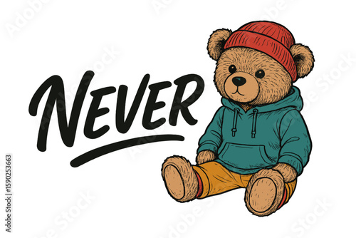 Cute bear wearing a hoodie and beanie sitting confidently with the word never beside it