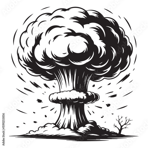 A dramatic black and white illustration of a mushroom cloud explosion with debris flying outwards and a barren dead tree on the side representing destruction and devastation