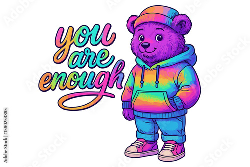 Colorful bear illustration promoting self-acceptance in vibrant clothing with a positive message displayed