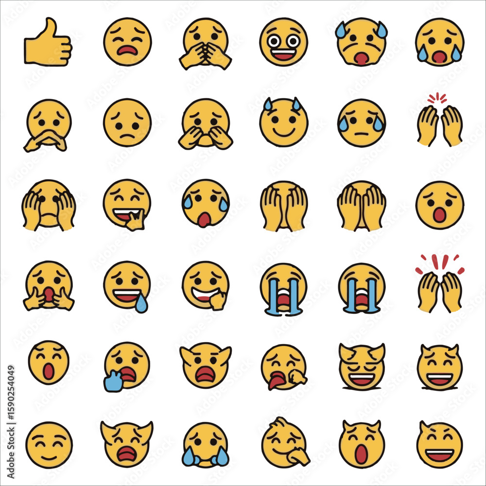Fototapeta premium Yellow faces with various expressions and emotions
