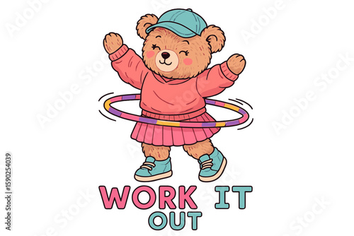 Cute bear enjoying hula hoop exercise in colorful outfit on a cheerful background promoting active lifestyle