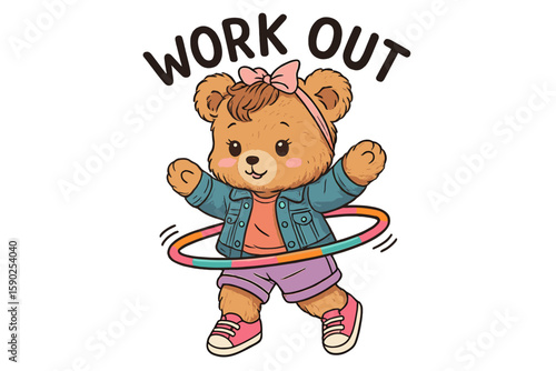 Cute bear hula hooping with a cheerful expression and workout attire in a bright and playful style