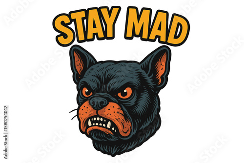 Bold dog illustration with a fierce expression and a playful message in a vibrant design