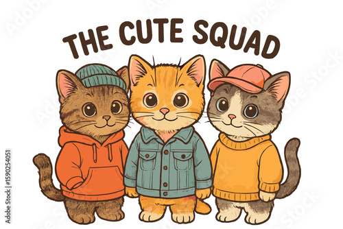 Three adorable cartoon cats in colorful outfits display friendship and fun in a playful setting