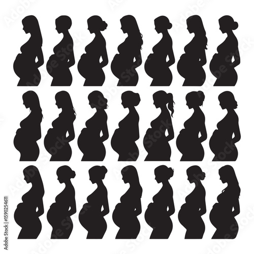 Collection of diverse pregnant women silhouettes showcasing various hairstyles and stages of pregnancy symbolizing motherhood and family planning