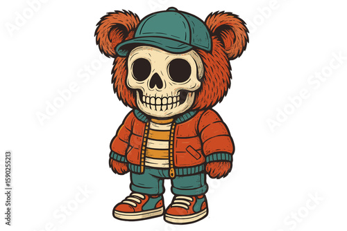 Colorful cartoon bear skull character wearing cap and jacket with playful style in urban setting