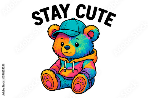 Colorful bear character in casual attire encourages positivity and cuteness for all ages in a playful design