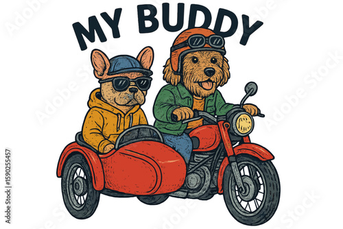 Two cartoon dogs riding in a sidecar motorcycle wearing sunglasses and cozy outfits on a sunny day