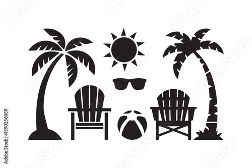 Tropical beach scene with palm trees chairs sun and beach ball