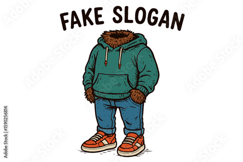 Whimsical illustration of a headless figure wearing a furry hoodie, jeans, and stylish sneakers in a playful design