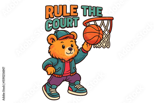 Cute bear playing basketball while dunking at a court during a sunny day