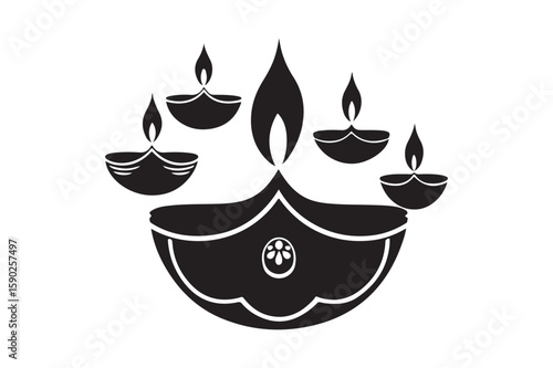 Stylized black and white illustration of five lit diya lamps