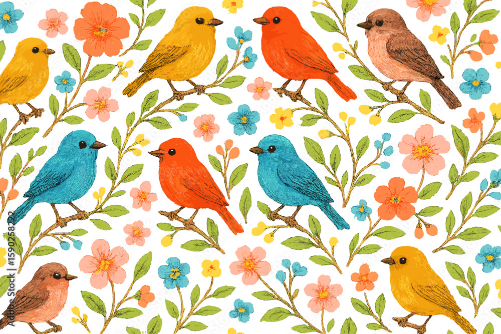 Fototapeta premium Colorful birds and floral patterns in detailed nature illustration