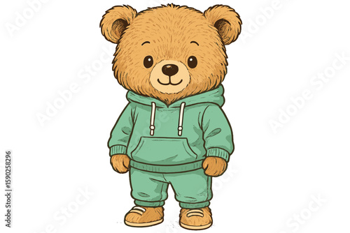 Cute cartoon bear character in green athletic outfit stands cheerfully with a friendly expression