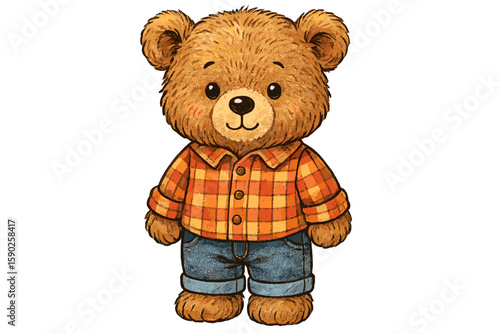 Cute bear character in checkered shirt and jeans stands cheerfully in an animated style