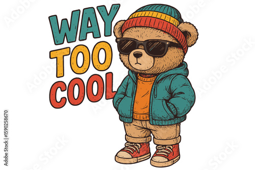 Cool bear character wearing sunglasses and stylish clothes in vibrant, playful design with colorful text background