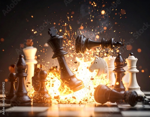 Chess pieces exploding on a chessboard