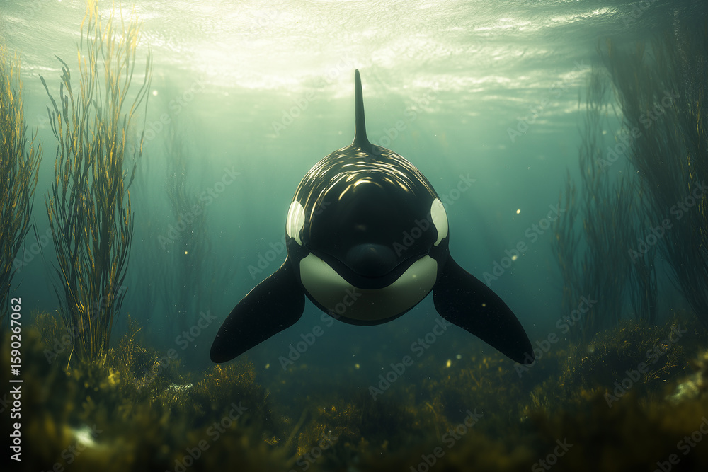 Obraz premium Orca whale swimming gracefully underwater in a serene marine habitat, showcasing ocean wildlife beauty