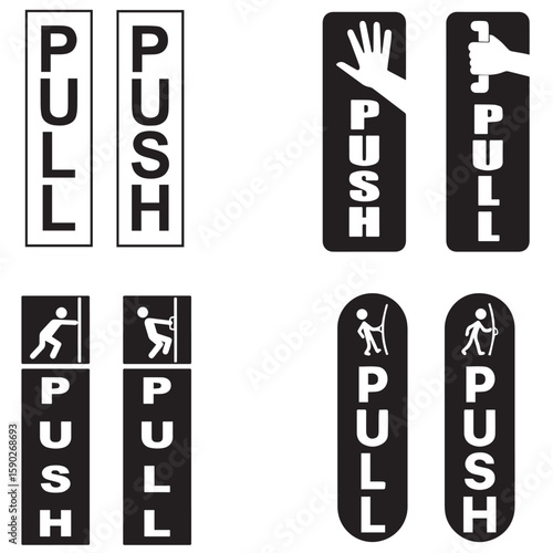 A comprehensive set of vector illustrations for push and pull door signage. This collection features four distinct design pairs, offering versatility for any environment