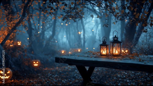 Halloween Background with Table and Lanterns in Dark Forest in Spooky Night. Halloween Design in Magical Forest,scary effect