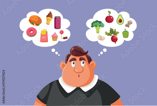 
Overweight Man Deciding Between Healthy and Unhealthy Diet Vector Cartoon 

Person deciding to follow a nutritional plan including vegetables and fruits or junk food
