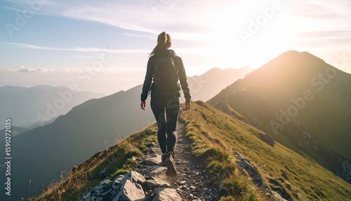 A woman hikes along a mountain ridge at sunset, symbolizing freedom and adventure. The scenic landscape evokes a sense of accomplishment and resilience.