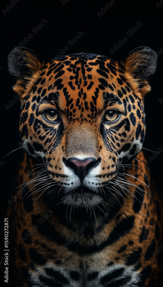 Obraz premium Close-up portrait of a majestic jaguar with striking spots and intense eyes in the wild jungle