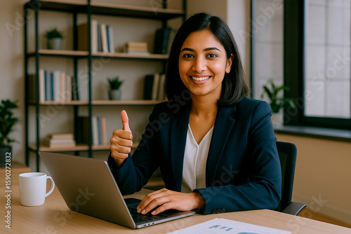 Smiling Indian Woman in Business Attire Giving Thumbs Up in Office