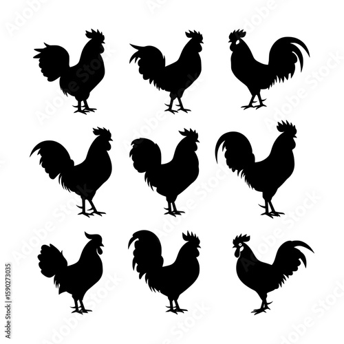 Collection of Minimalist Black Rooster Silhouettes Representing Farm Animals and Poultry in Simple Graphic Forms