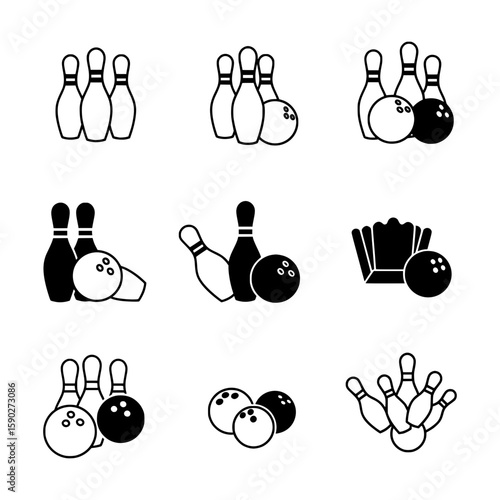 Minimalist Black Bowling Pin and Ball Silhouettes Representing Sport and Recreation in Simple Graphic Forms
