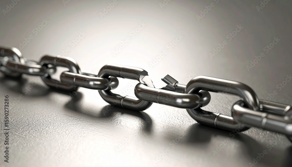 Obraz premium Broken metal chain link symbolizing fragility and strength. Represents challenges, vulnerability, and the ability to overcome obstacles. Great for concepts about crisis management.