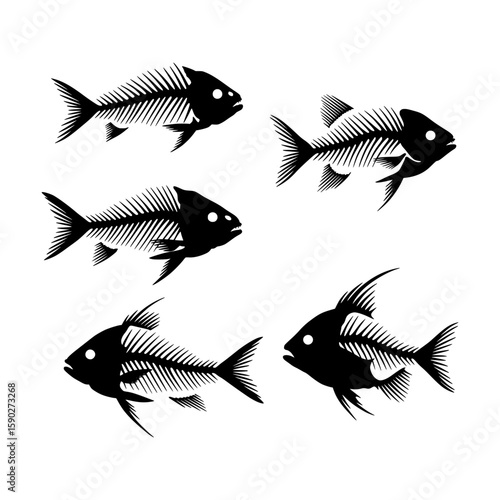Minimalist Black Fish Skeleton Silhouettes Representing Anatomy, Marine Life, and Mortality in Simple Graphic Forms