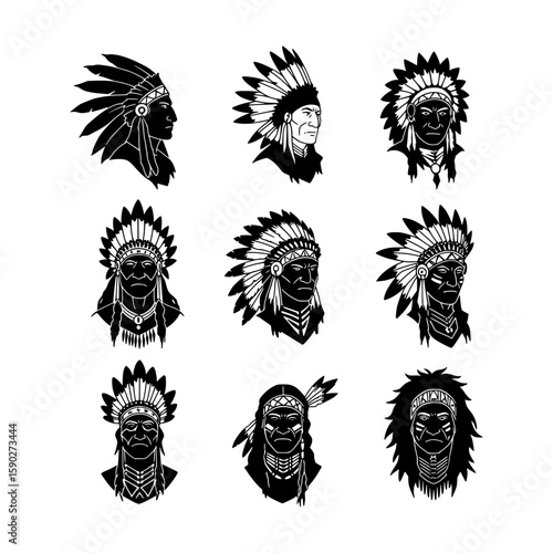 Collection of Minimalist Black Native American Chief Silhouettes Representing Indigenous Culture and Heritage in Simple Graphic Forms