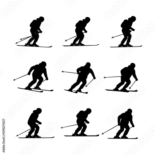 Minimalist Black Alpine Skier Silhouettes Representing Winter Sport and Recreation in Simple Graphic Forms