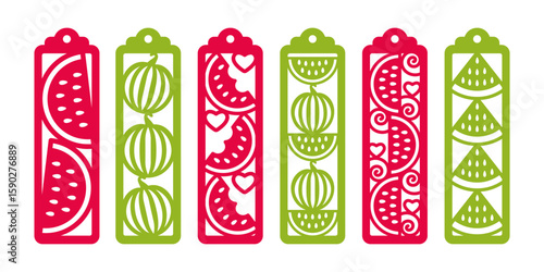 Set of vertical bookmarks with watermelon pattern. Laser cut template. Decorative summer bookmarks stencil for paper, wood and metal cutting. Vector design with fruits