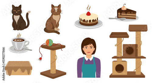 Two cats, cakes, coffee, cat trees, a toy and a woman in a single composition illustration on transparent background