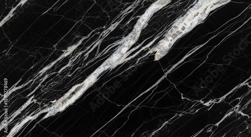 Close-up view of polished black marble with white veining, showcasing natural patterns.