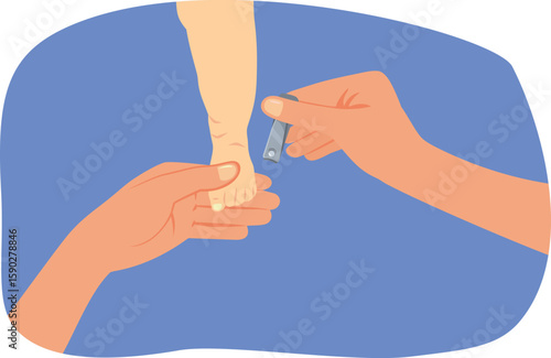 Mommy Trims Toenails of Her Baby Vector Cartoon Illustration. Mom taking care of her little infant using nail clipper at home 
