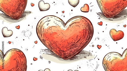 A whimsical pattern featuring hand-drawn hearts in various sizes and shades of red and white against a white background; some hearts appear three-dimensional