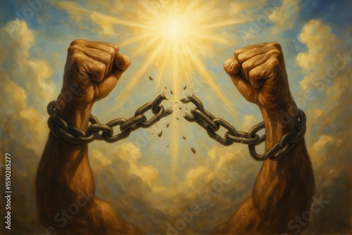 Powerful hands breaking metallic chains against dramatic sky symbolizing freedom and liberation