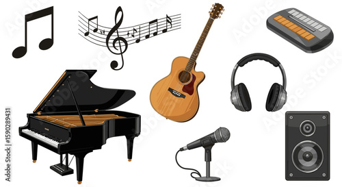 Illustration showcasing a variety of musical instruments and audio equipment on a white background space on transparent background
